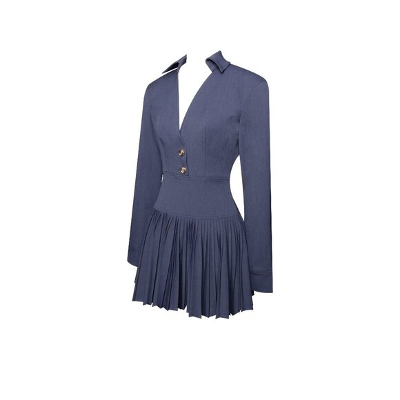 Val Navy Blue Denim Style Pleated Mini Dress - Picture 14 of 16